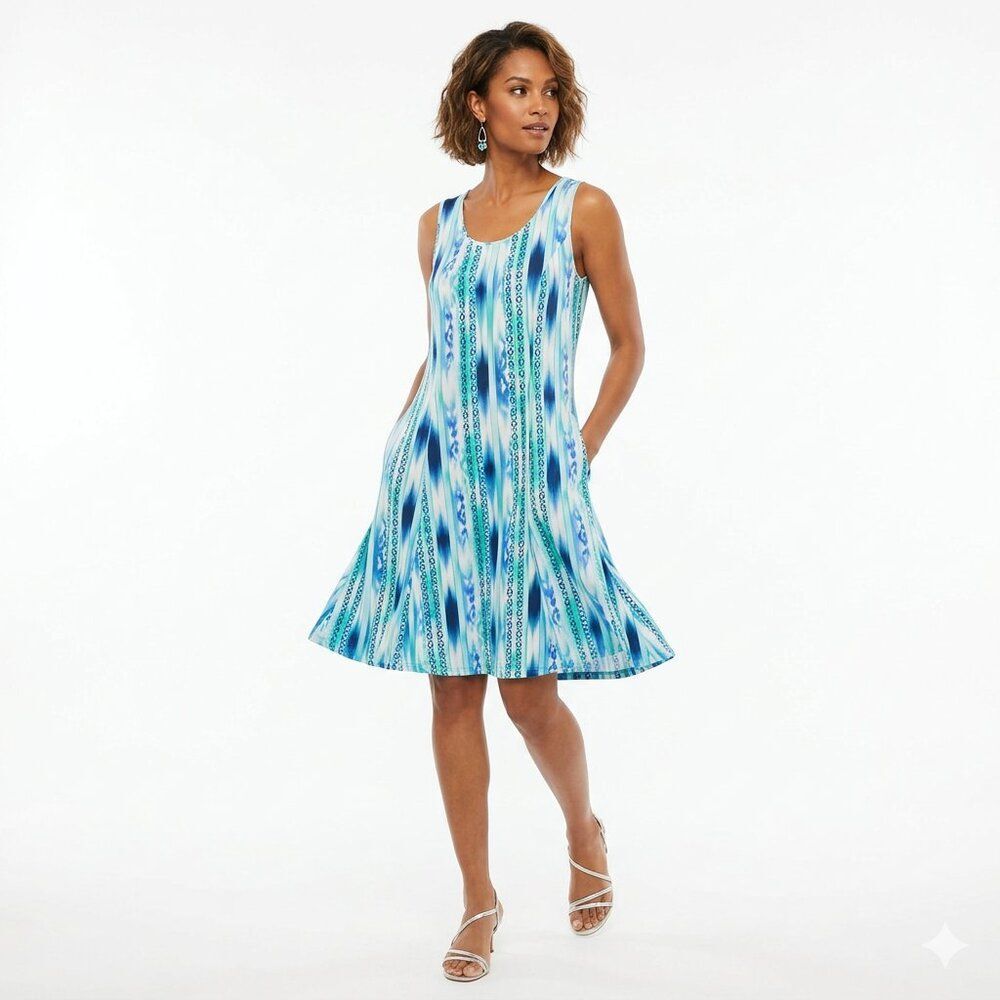 NY Collection Sleeveless Blue and Green Striped Midi Dress